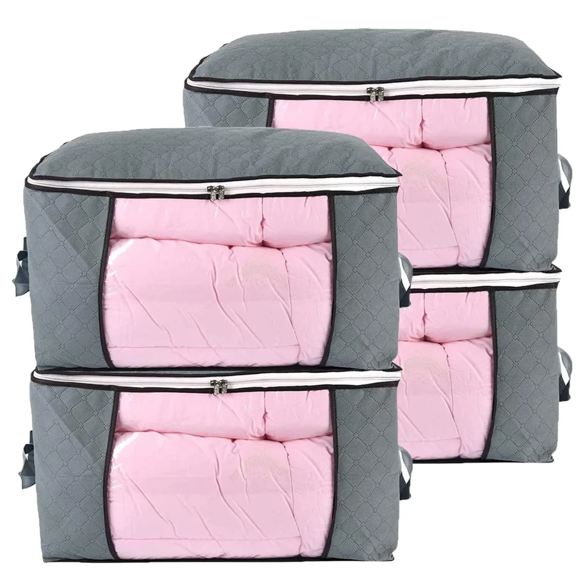Grey fabric storage bag with clear window and carry handles