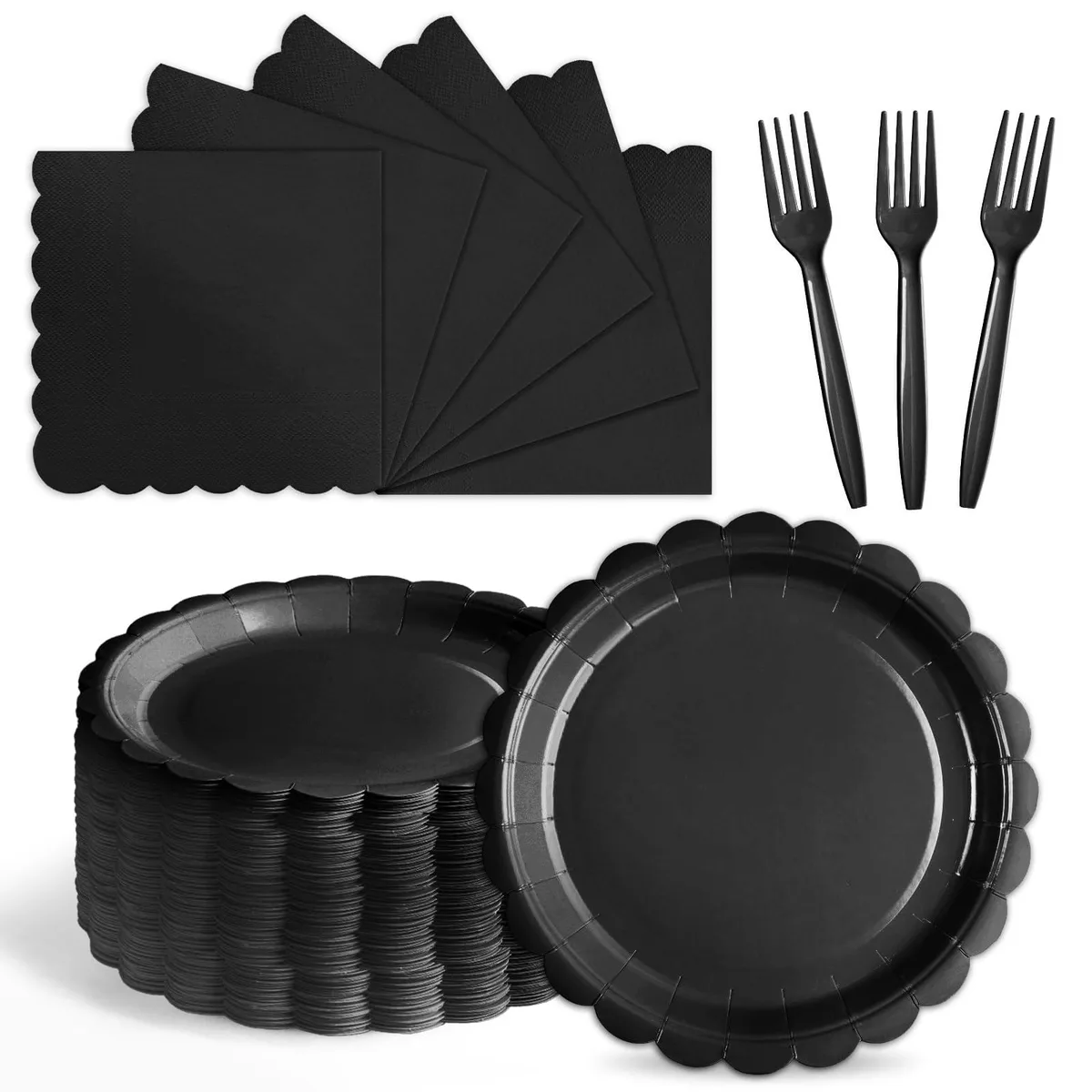 105-piece black paper party set with scalloped plates, napkins, and forks