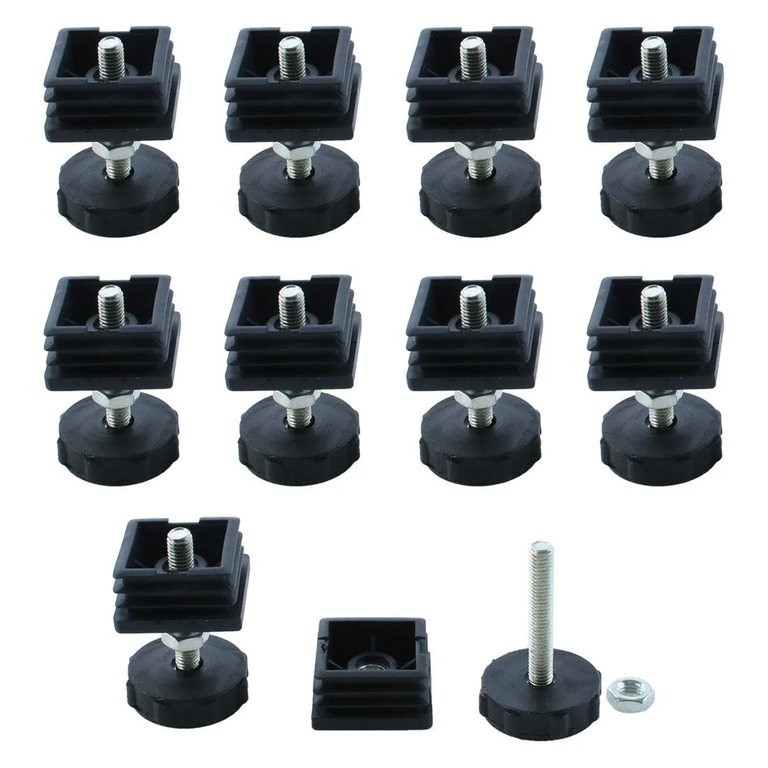 Ten sets of adjustable leveling feet with 38mm square tube inserts and plastic bases
