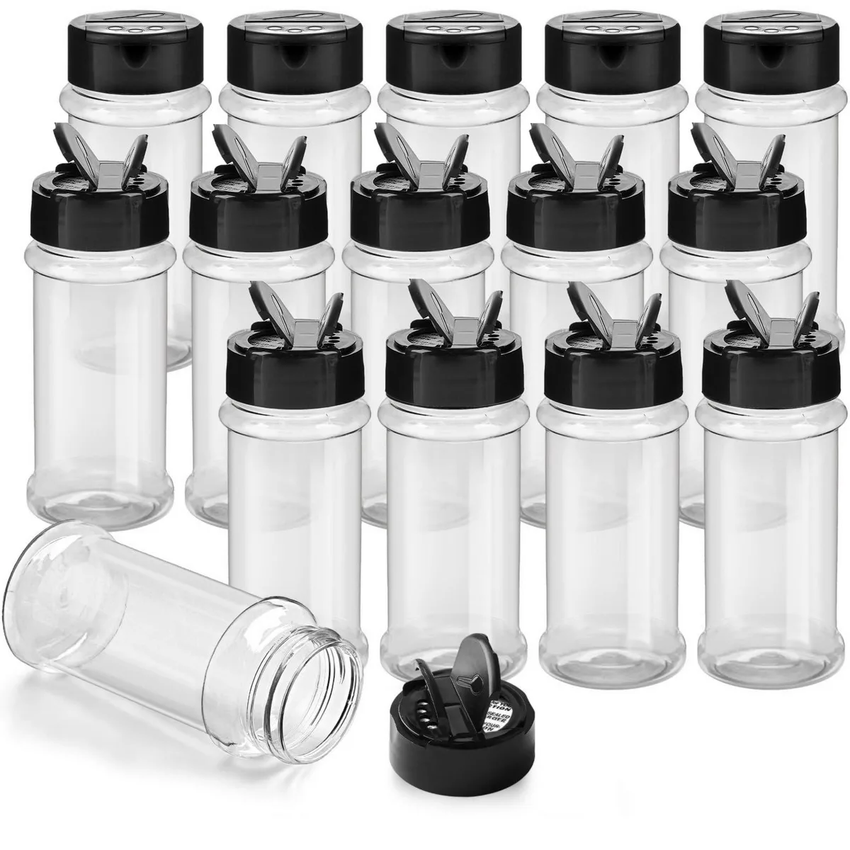 Fourteen clear 3 oz PET jars with dual flip lids standing in a row