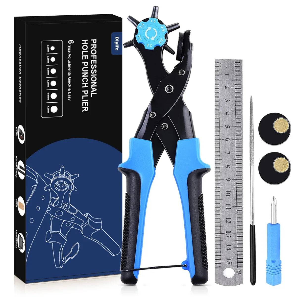 Blue leather hole puncher pliers with rotating size wheel, PVC handles, ruler and screwdriver