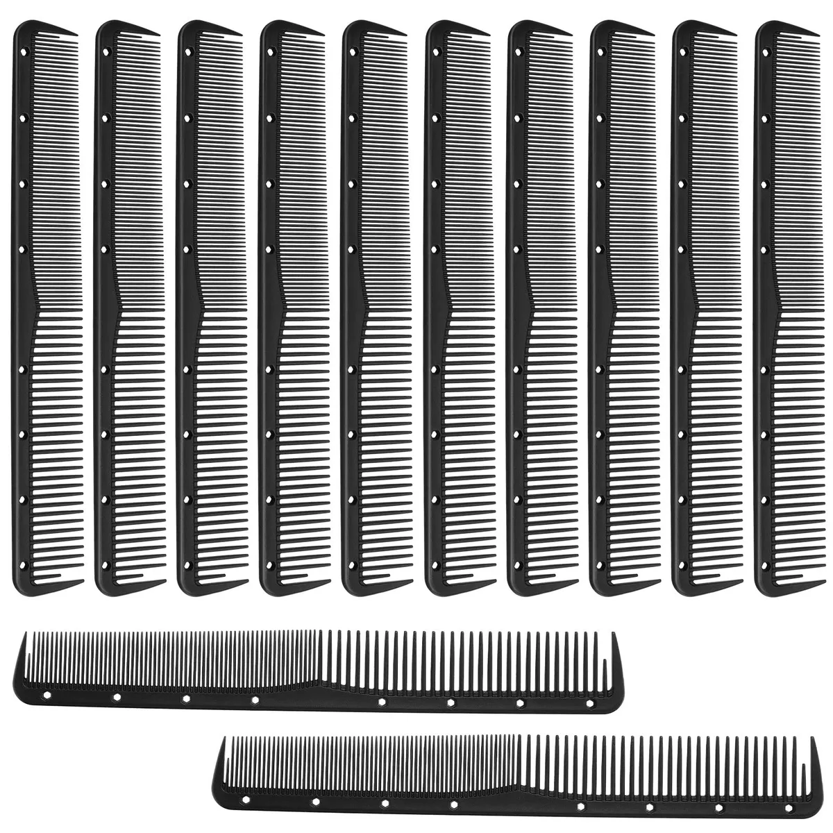Twelve black carbon fibre cutting combs with fine and standard teeth, measuring holes and half-length first tooth
