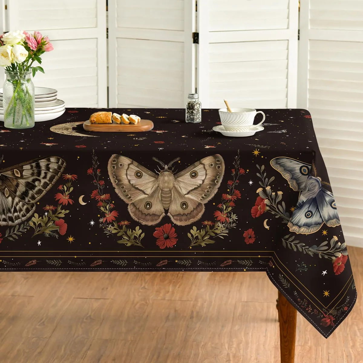 Rectangular gold polyester tablecloth measuring 60 by 84 inches