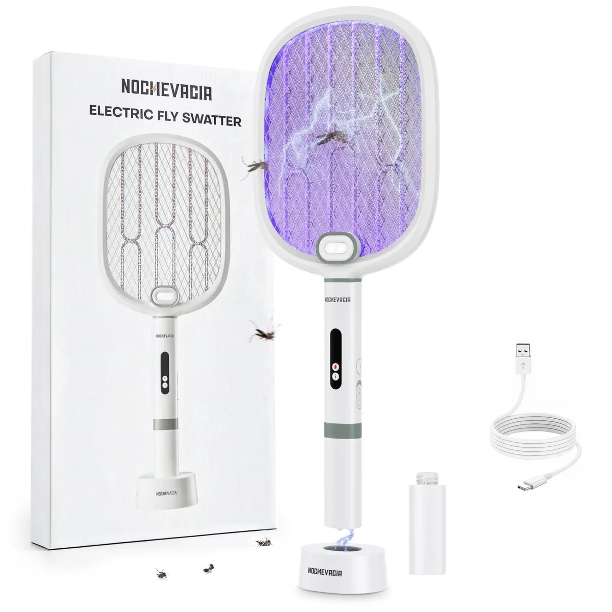 White electric fly swatter with purple LED lights and charging base
