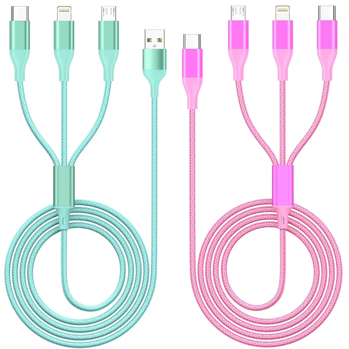 Two green and rose 4ft USB-A cables with Lightning, USB-C and Micro-USB tips