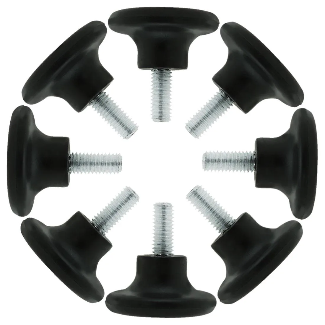 Eight M8 threaded leveling feet with black plastic bases and adjustable metal stems