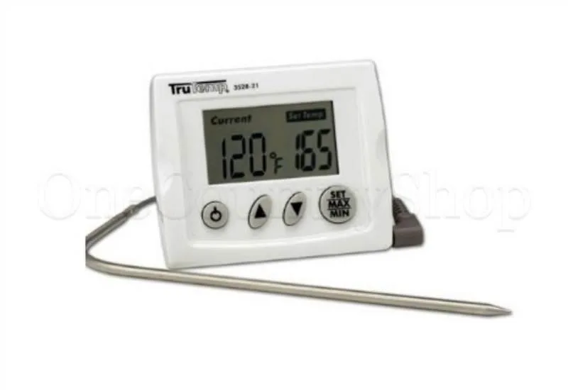 White plastic digital thermometer with a silicone probe and LCD display