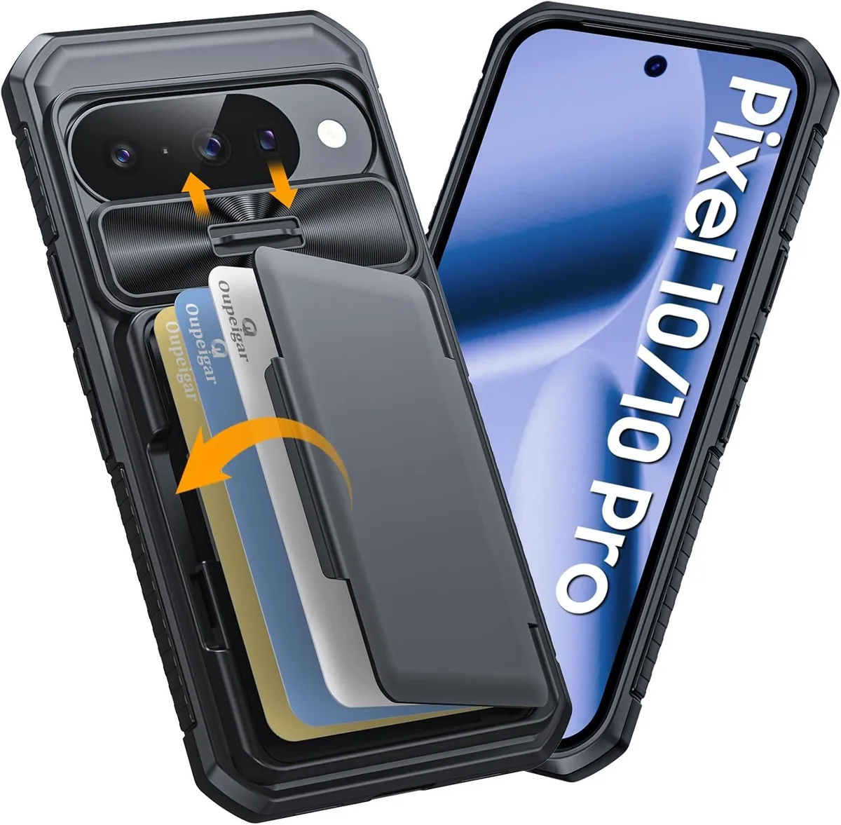 Black wallet case for Pixel 10 Pro with card slots kickstand and sliding camera cover