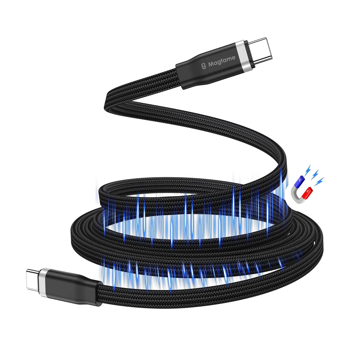 Black magnetic coiled USB-C cable with braided finish, 5ft length