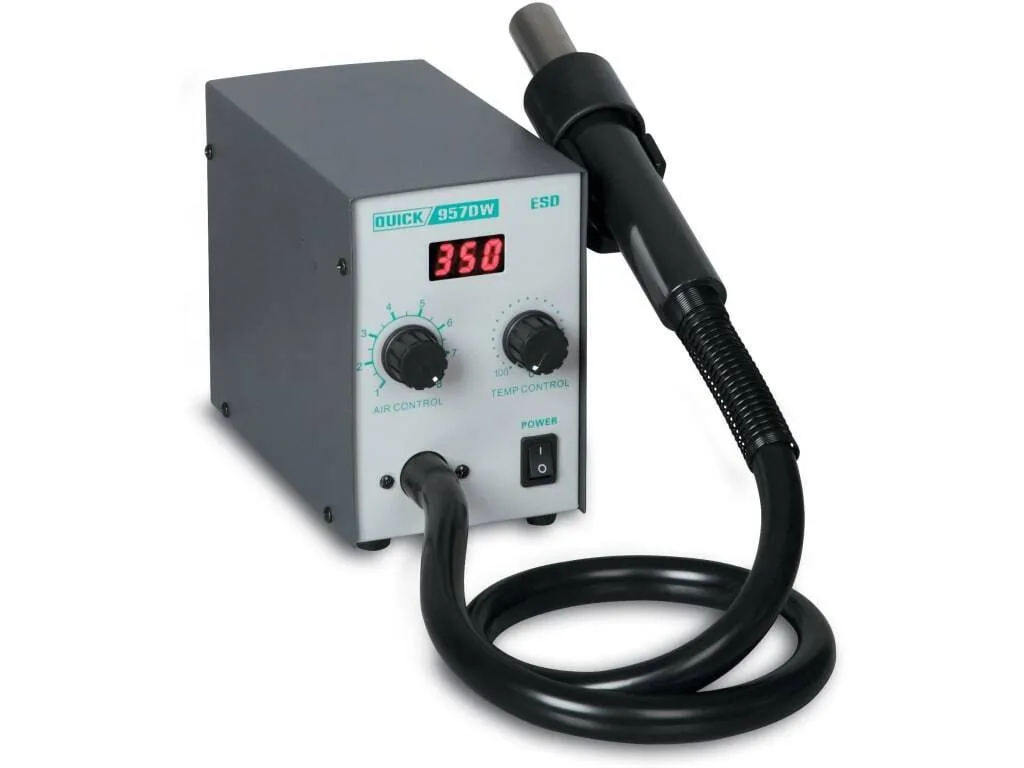 QUICK 957DW+ 580 W hot air soldering station with LED display, front knobs, air gun handle, holder and three nozzles