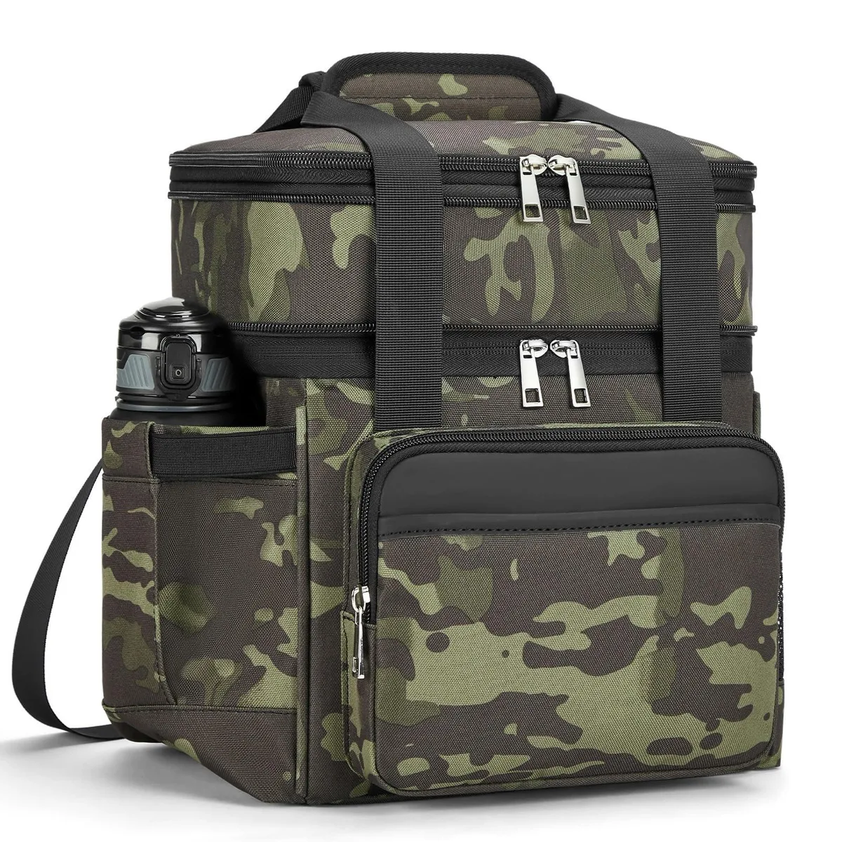 Red insulated lunch tote with expandable double-deck design and leather-trimmed front pocket