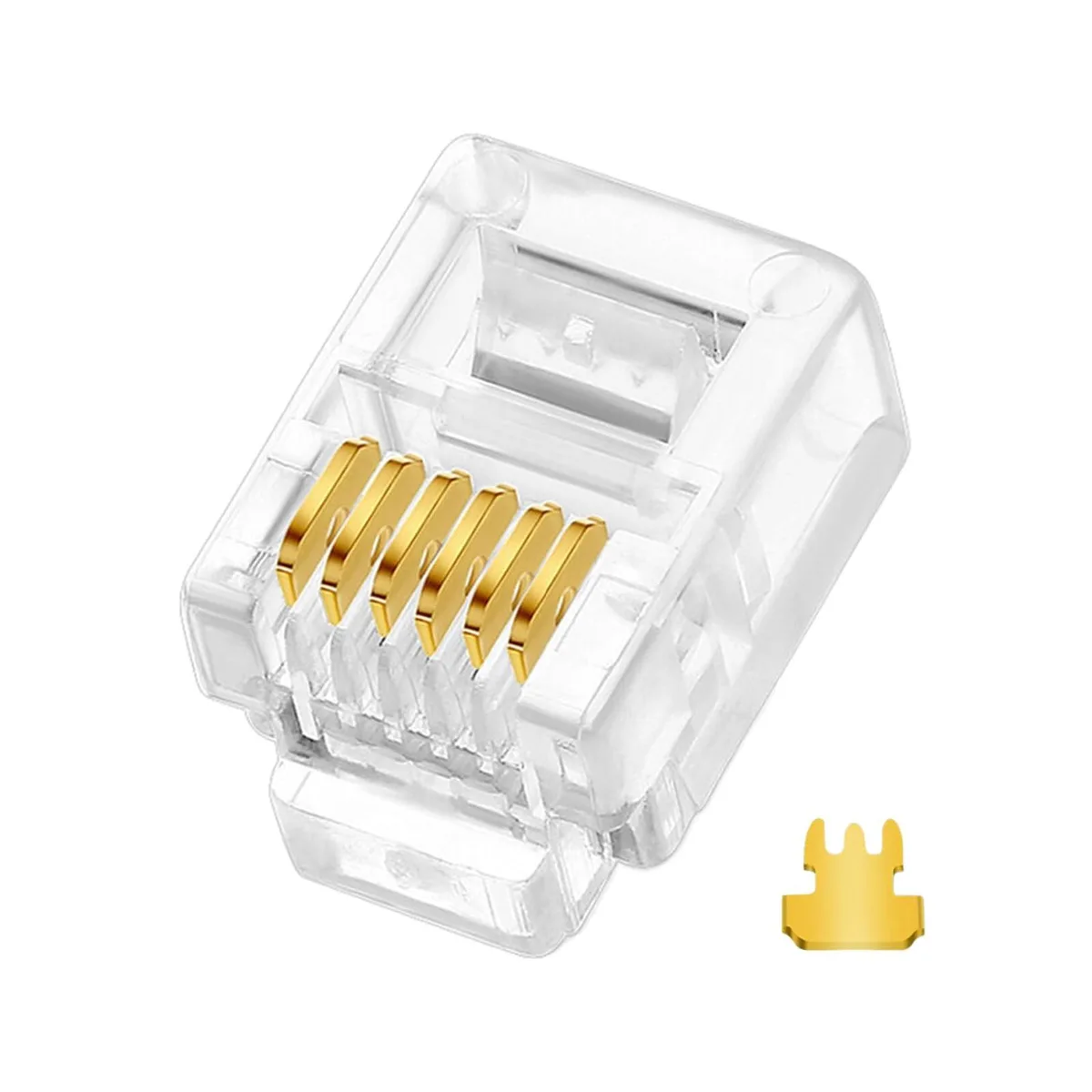Clear plastic RJ12 modular plugs with three-prong gold contacts, pack of 20