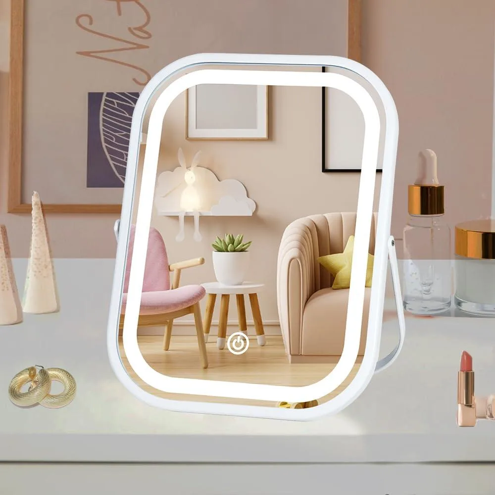 White rectangular tabletop mirror with LED lighting and metal frame