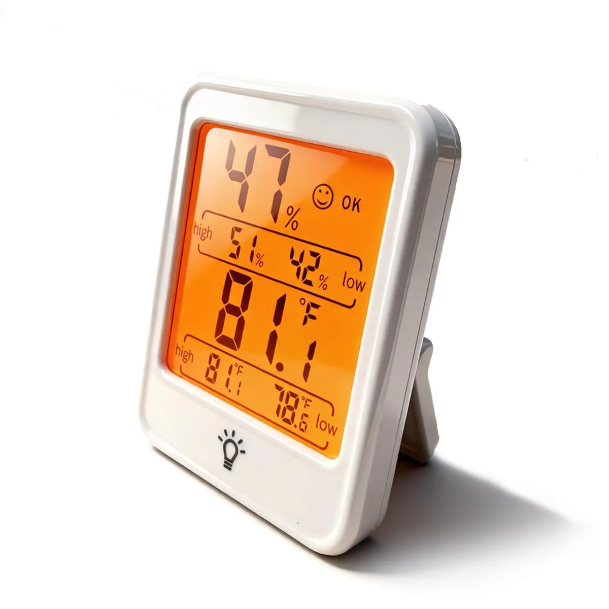 White rectangular thermometer hygrometer with 2.1-inch backlit LCD display bracket and suction cup mounting