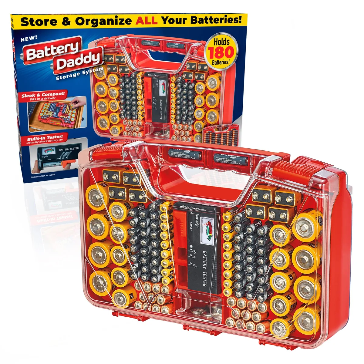 Red rectangular battery organiser case with clear locking lid, carrying handle and secure latches