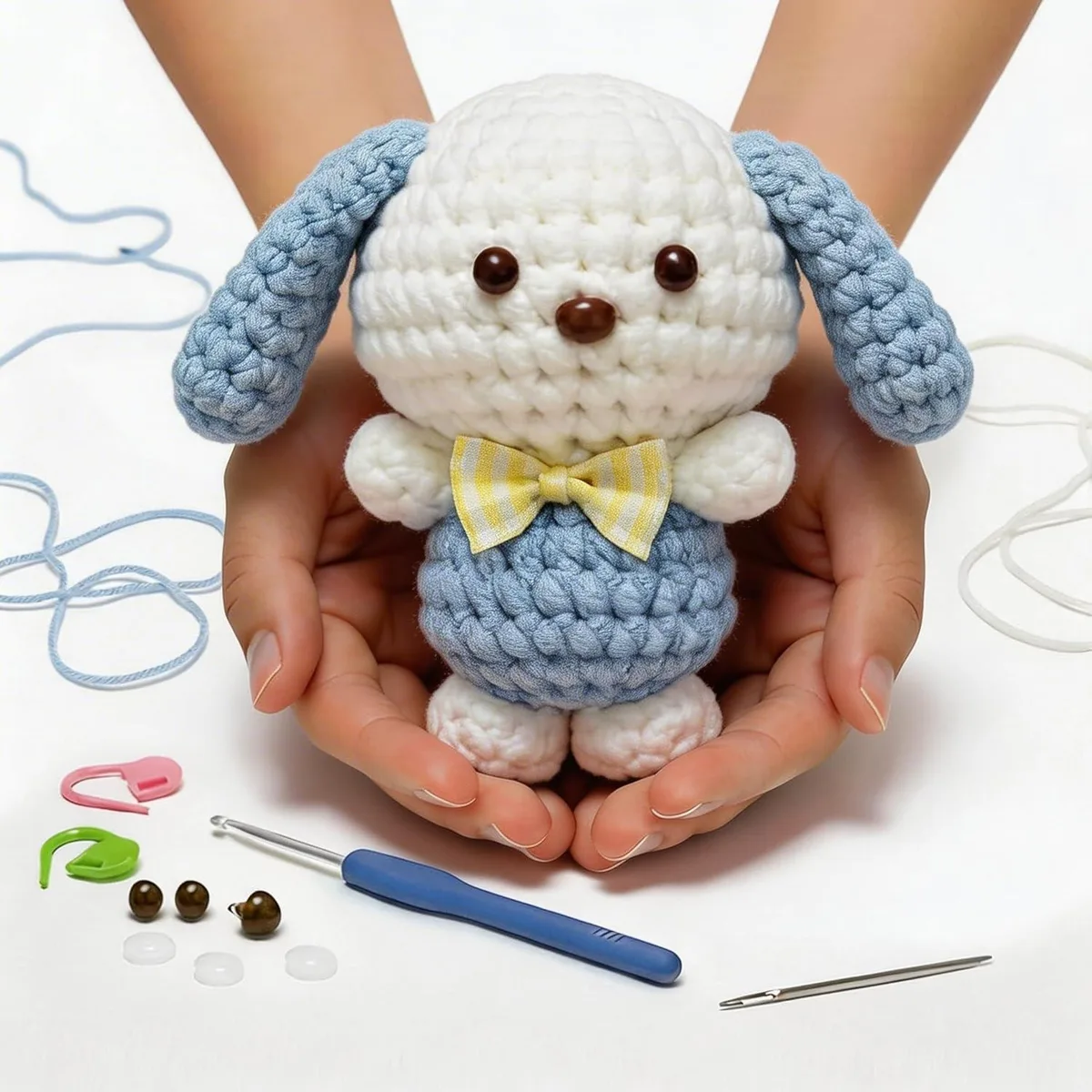 Singer B1106BL crochet kit box with yarn hook and puppy amigurumi parts