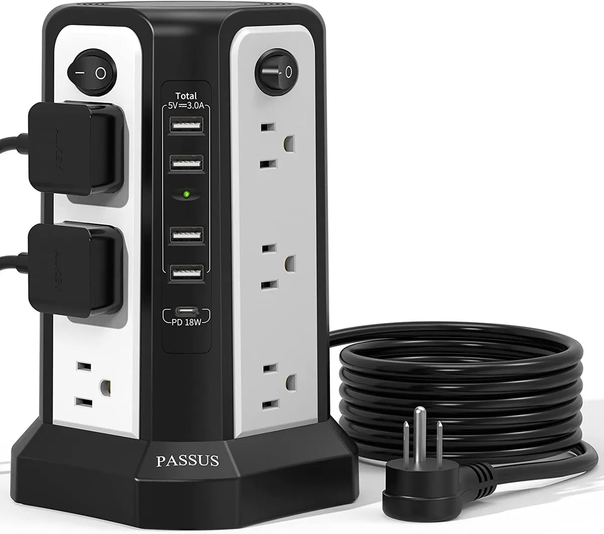 Tall white tower power strip with multiple outlets and USB ports
