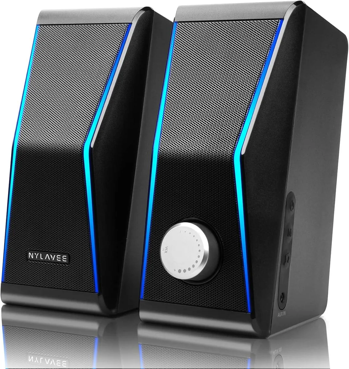 Rectangular black speaker with RGB lighting visible on front grille