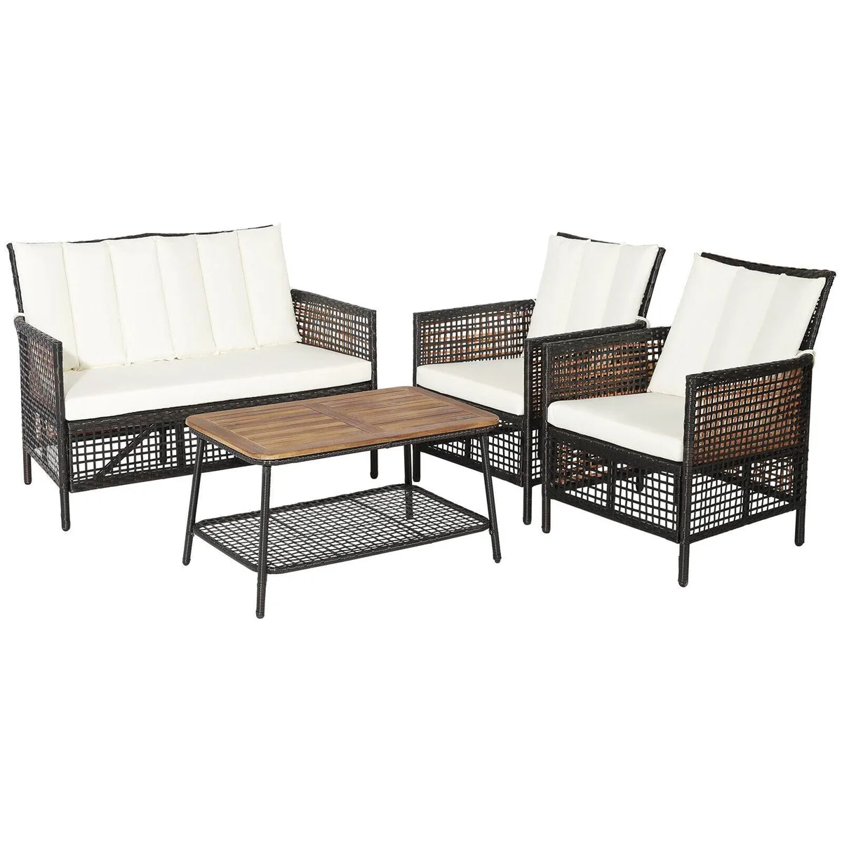 SlickBlue SlickBlue 4-Piece Patio Rattan Furniture Set with 2-Tier Coffee Table, Mix Reddish Brown/Off White — product photo