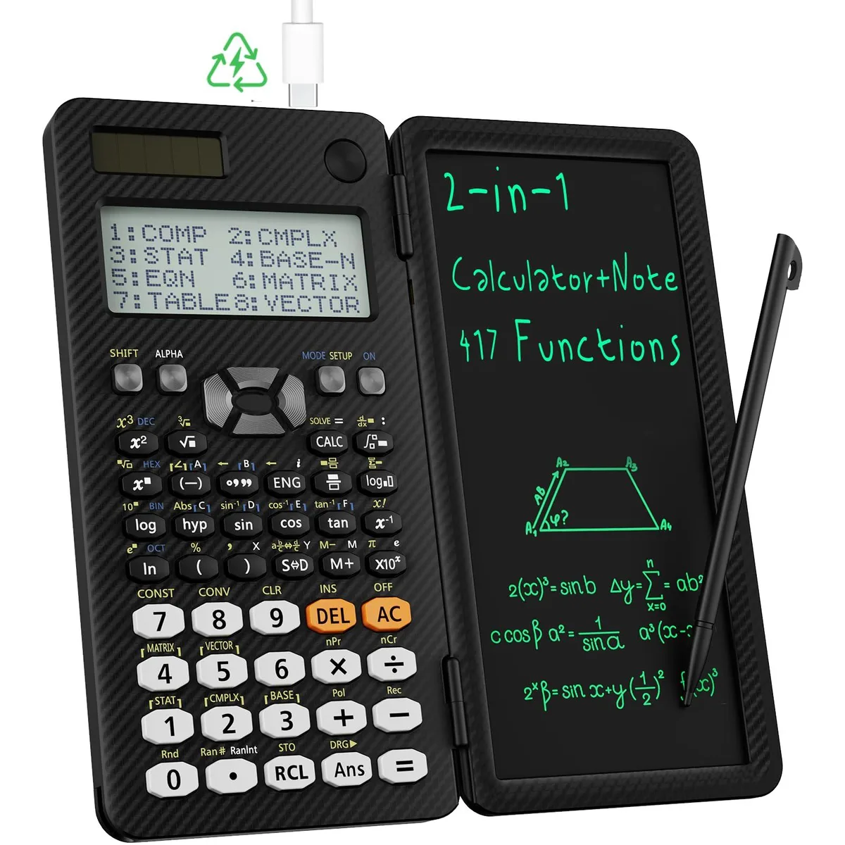 White scientific calculator with integrated LCD writing tablet and stylus