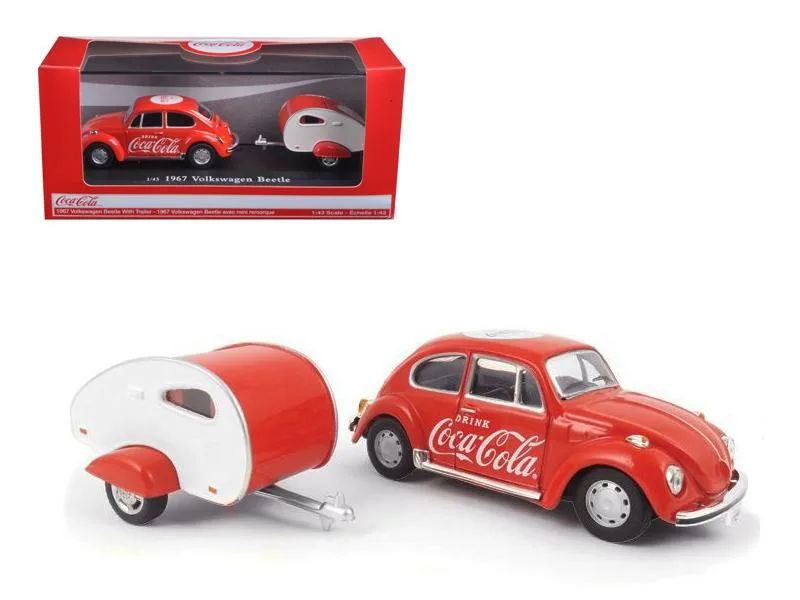Motorcity Classics Motorcity Classics 1967 Volkswagen Beetle Red with Teardrop Trailer Red White Coca-Cola 1/43 Diecast Vehicle — product photo