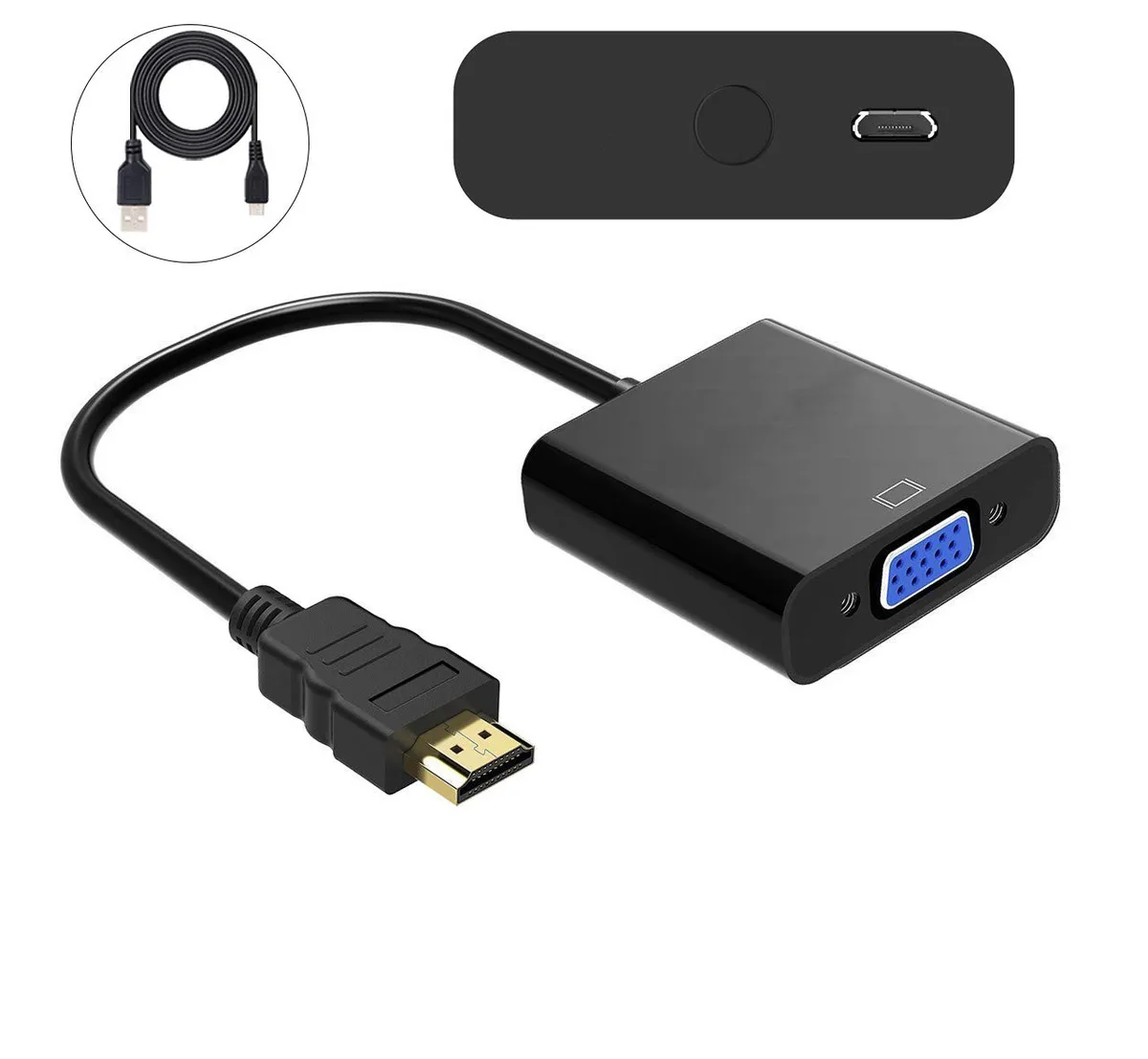 ESTONE ESTONE HDMI to VGA Adapter with Micro USB Charging Cord Gold-Plated Male Female 10 ft Black — product photo