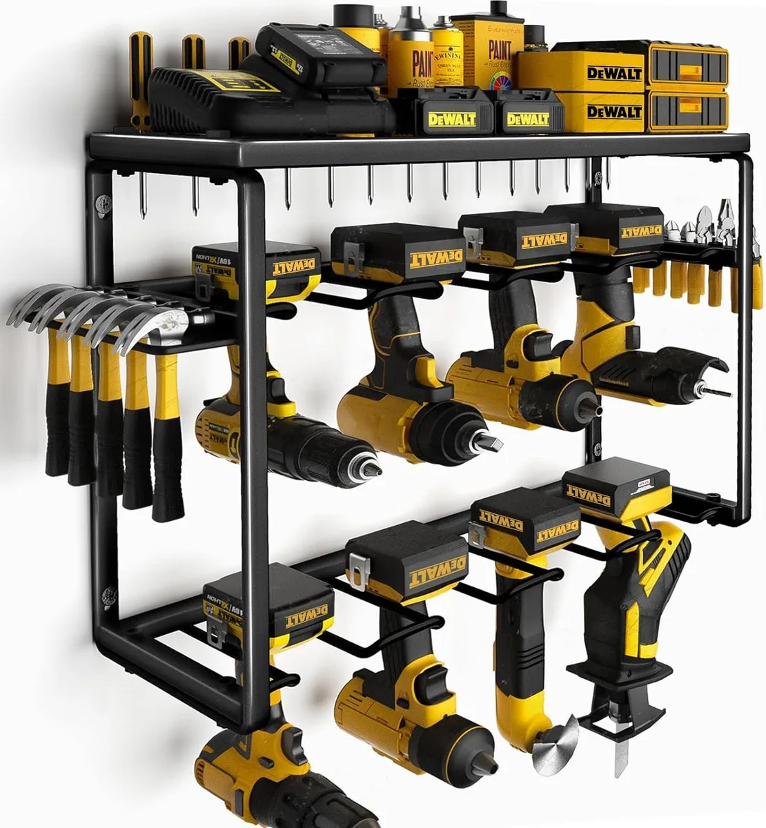 Three-tier steel tool rack with eight drill holders and hooks, wall-mounted, grey finish