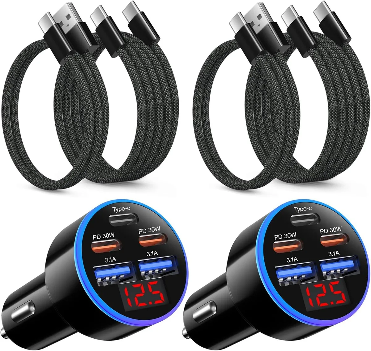 Hamzan Hamzan 90W 5-Port USB-C Car Charger + 4-Pack Cables — product photo