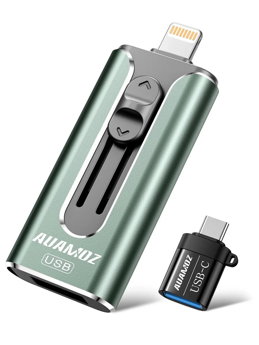 Green 512 GB flash drive with USB-A, USB-C, micro-USB and Lightning connectors