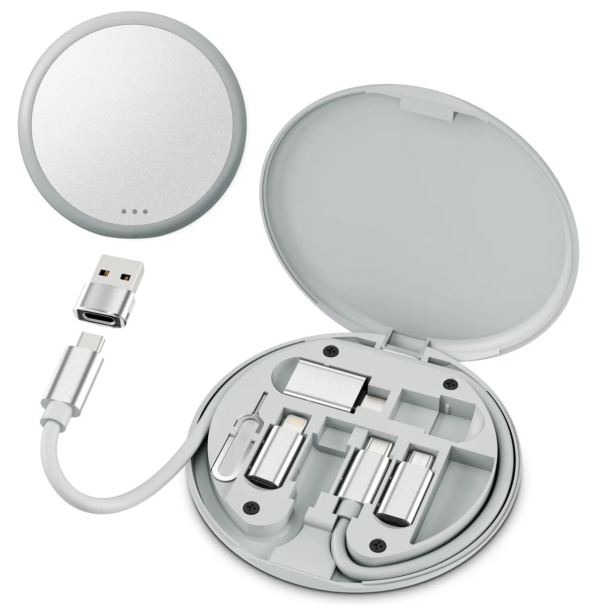Silver round case with USB-C cable and multiple adapters inside