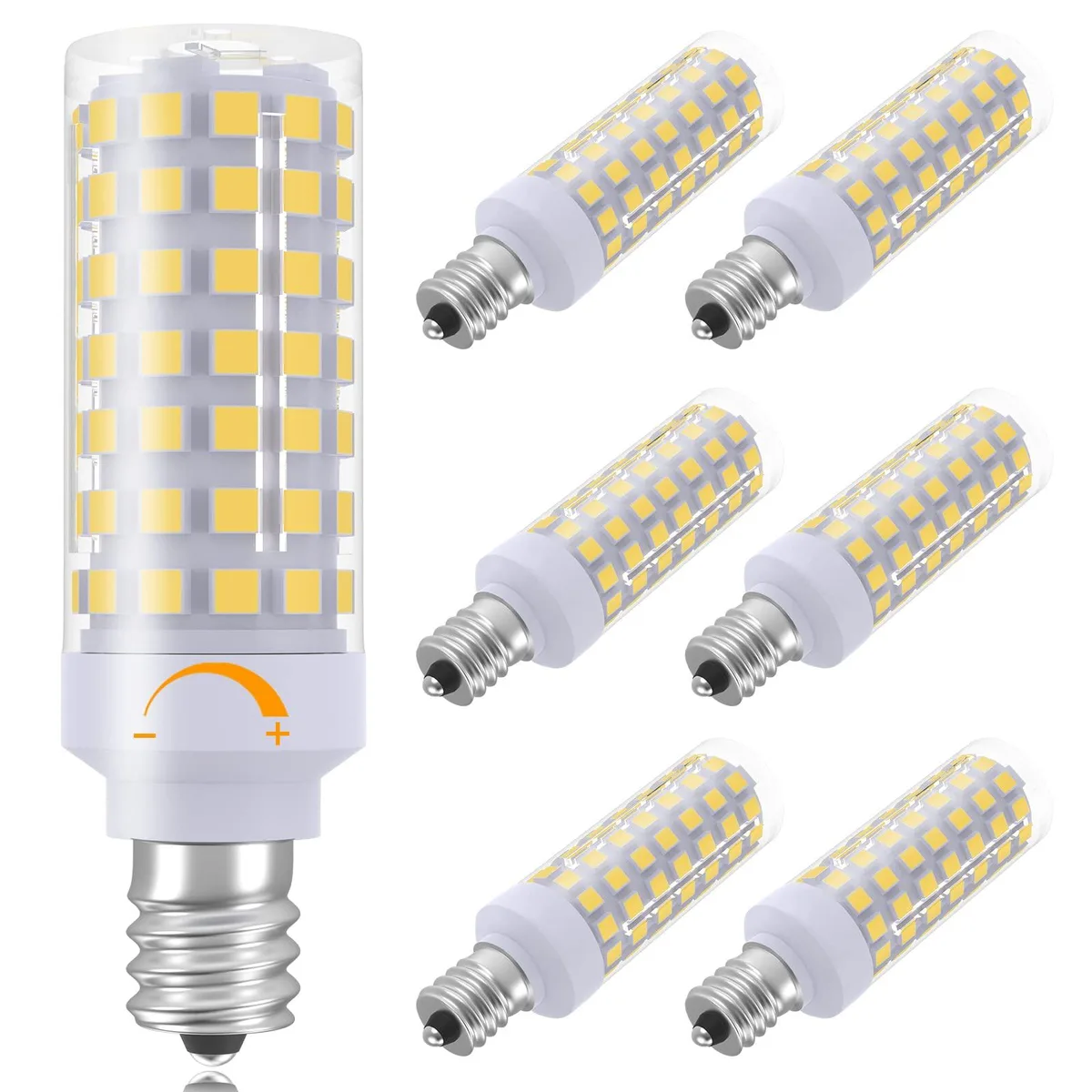 Six small clear torpedo LED bulbs with silver E12 bases