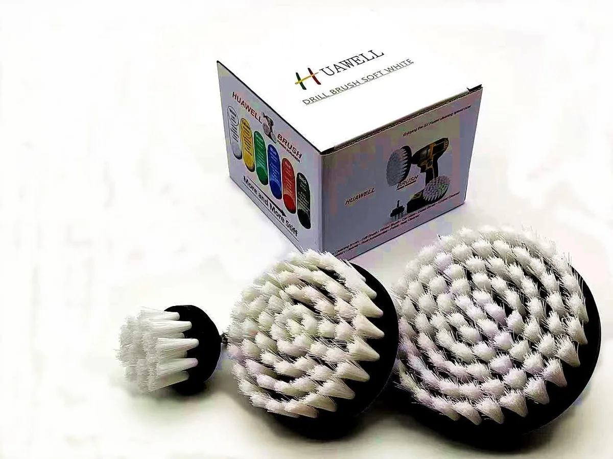 Three white soft-bristle drill brushes with quick-change shafts