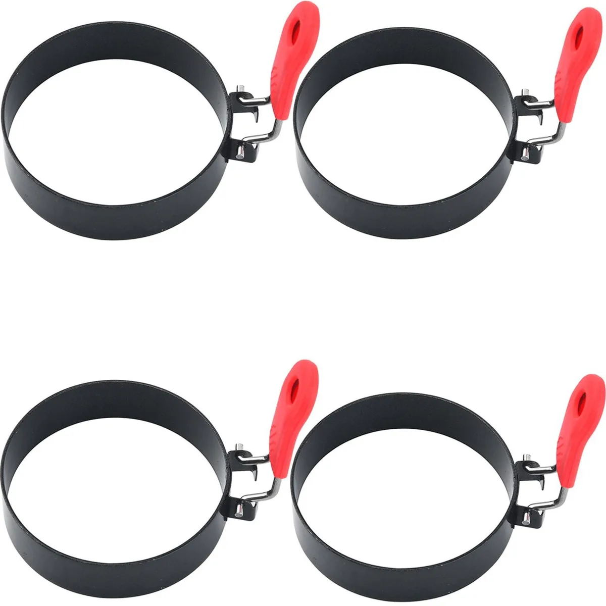 Four stainless steel egg rings 3.5 inches wide with silicone handles