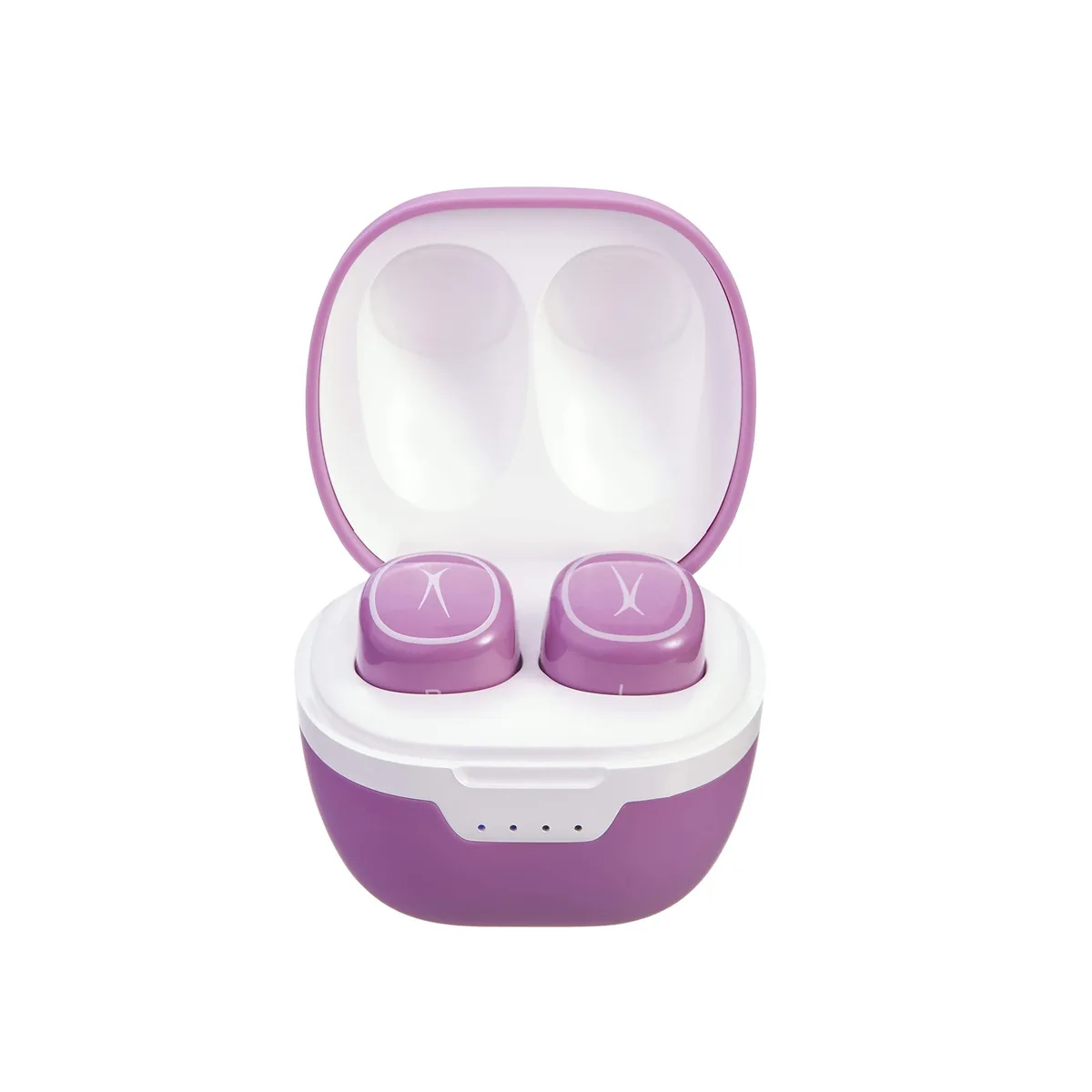 Purpley pink truly wireless earbuds with matching charging case
