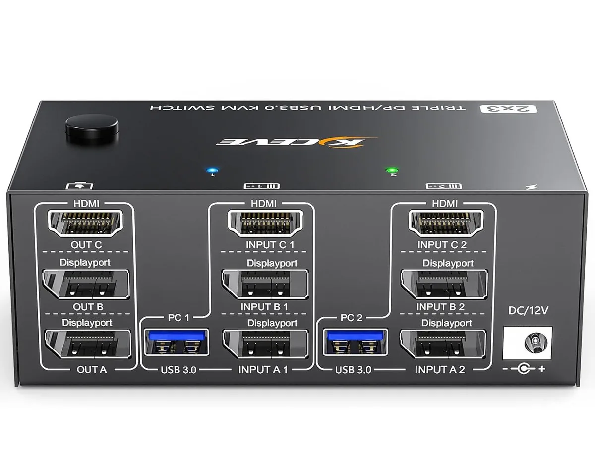Hitoor Hitoor 203DH Triple Monitor KVM Switch 3 Monitors 2 PCs HDMI 2 DP 8K60 4K144 4 USB 3.0 Wired Remote — product photo