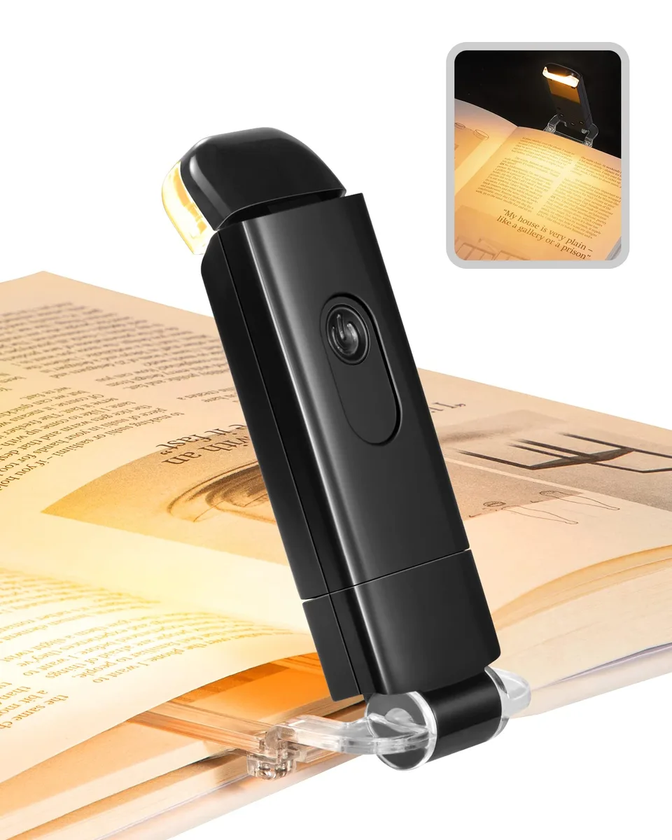 Black clip-on book light with flexible neck and USB port, 1.38 ounce