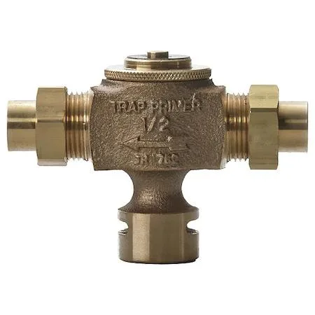 Nickel-finished cast bronze trap primer with quad close seal, three inches high, four and one-eighth inches wide