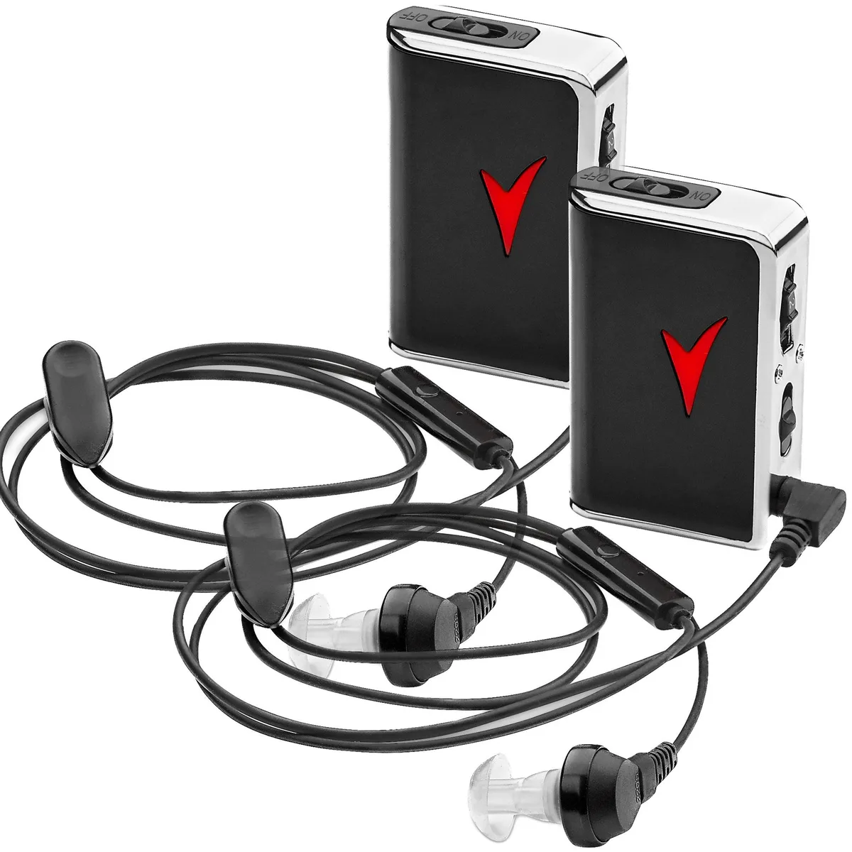 Two black pocket amplifiers with earbuds and belt clips