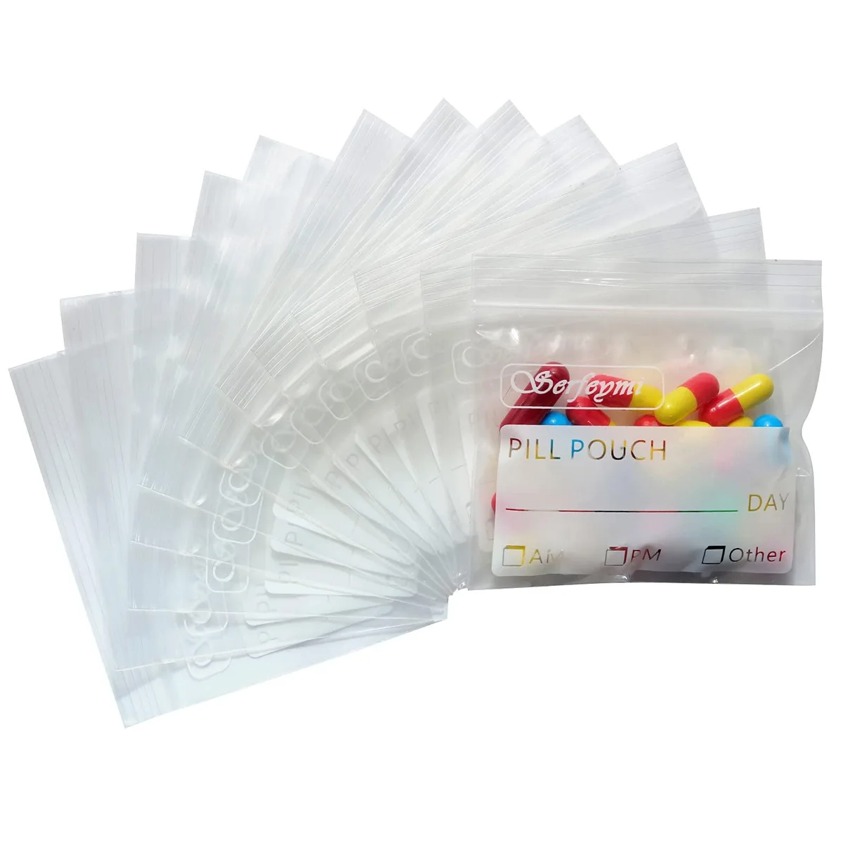 Pack of 120 clear zippered pill pouches, 3 x 2.75 inches, writable label on one side