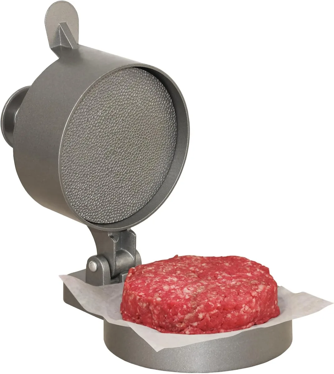 Silver cast aluminium burger press, adjustable thickness, four-inch diameter