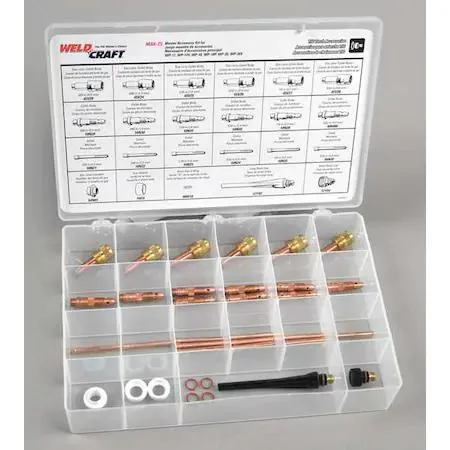 Miller Electric MAK-2S TIG starter kit with assorted collets, collet bodies, gas lenses, back caps and accessories in a parts box