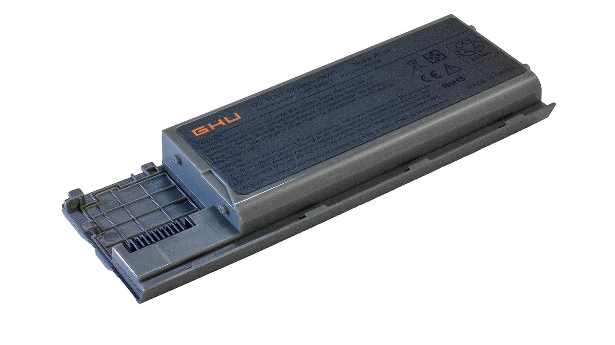 Rectangular black laptop battery with label and connector pins