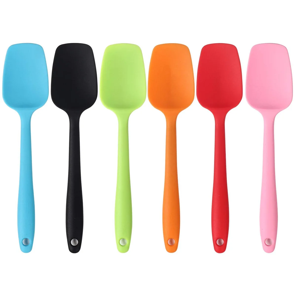 Six multicolour silicone spatulas, 8.2 inch spoon-shaped heads, seamless one-piece design with hanging loops