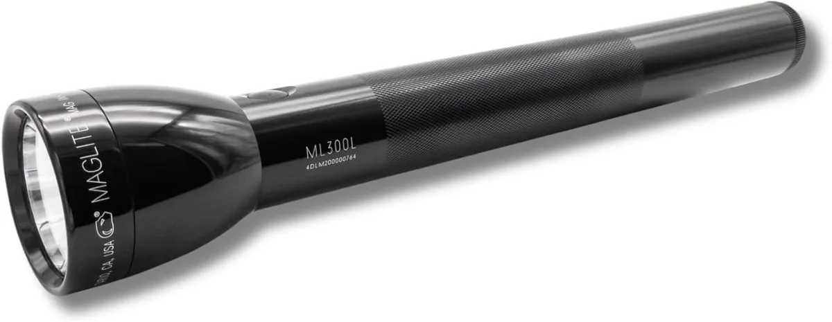 Black cylindrical flashlight with textured grip and adjustable focus head