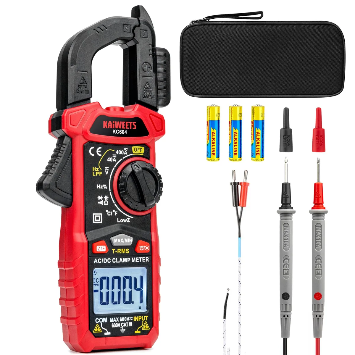 Orange handheld clamp meter with D-shaped jaw and LCD display