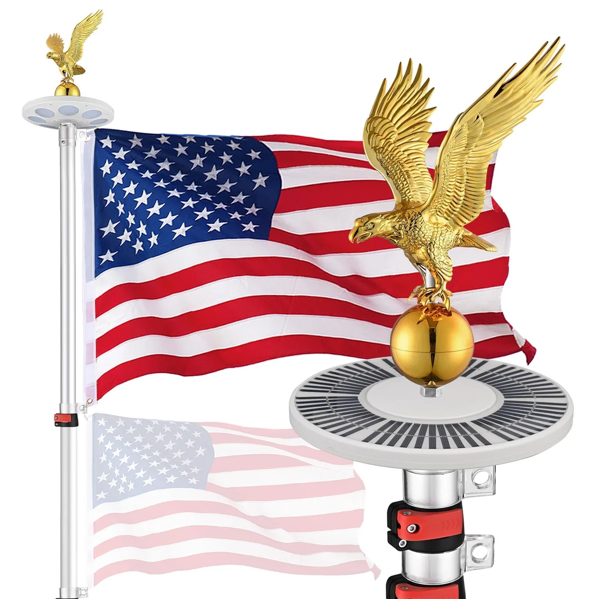 Silver telescopic aluminium flagpole kit with solar light, eagle finial and US flag