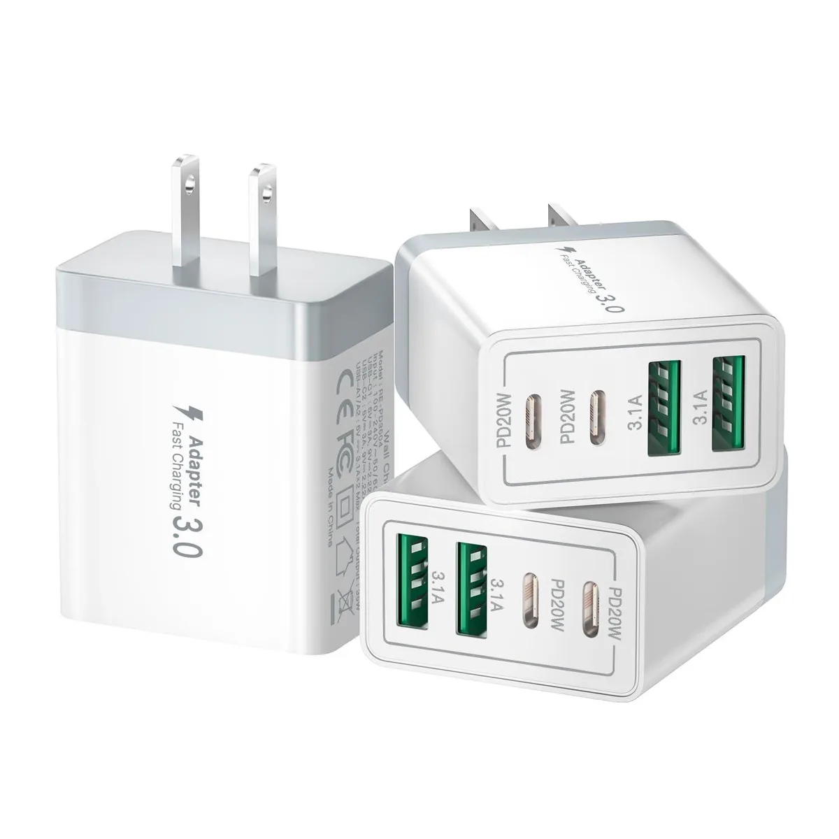 White rectangular wall charger with two USB-C and two USB-A ports