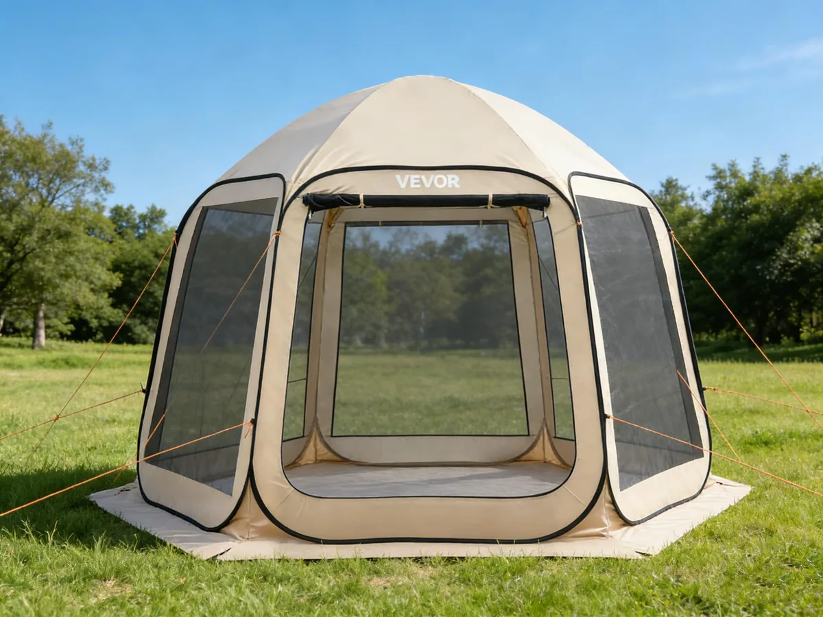 White pop-up screen tent with canopy, carry bag included