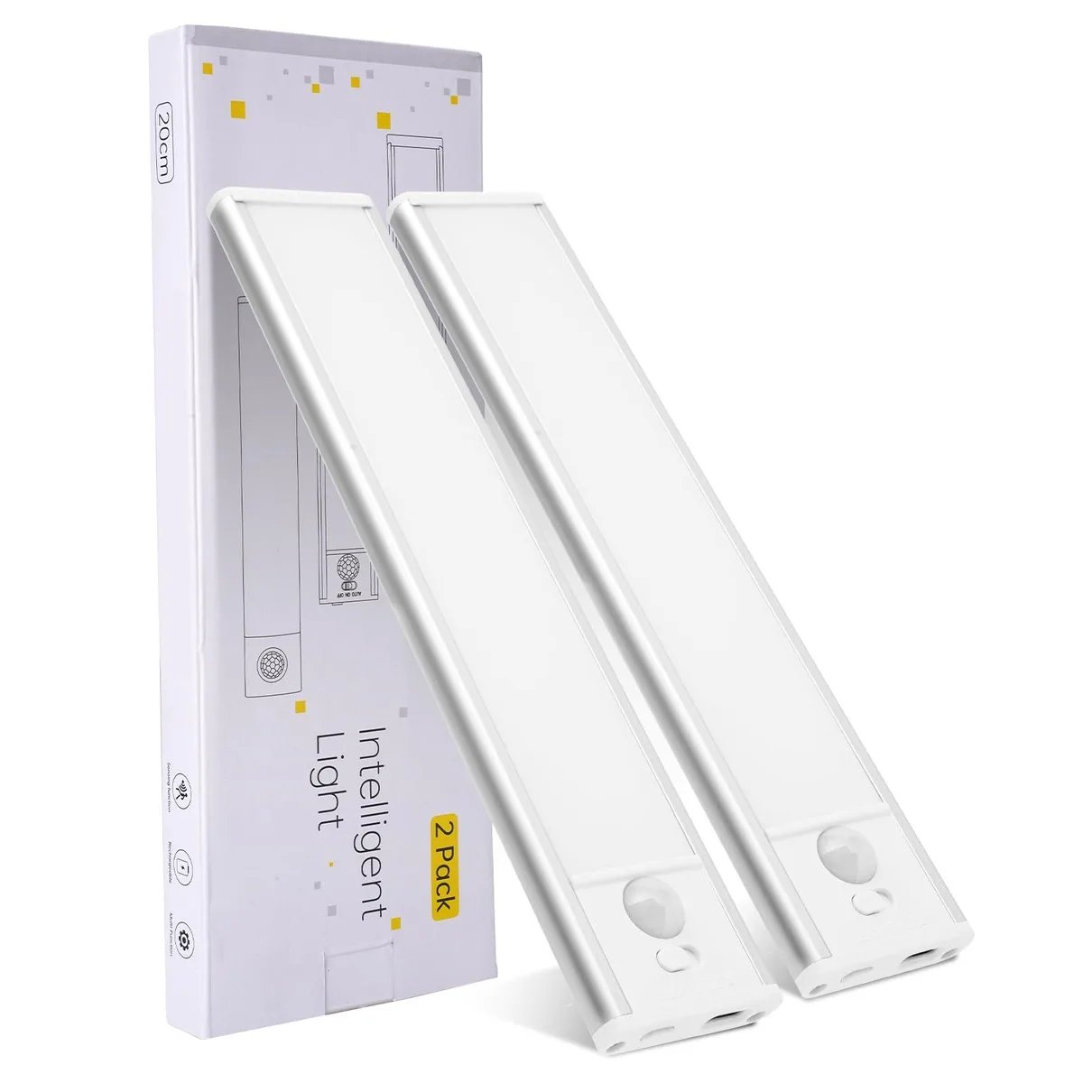 Two white 8-inch LED bars with clear prismatic covers and magnetic mounting strips