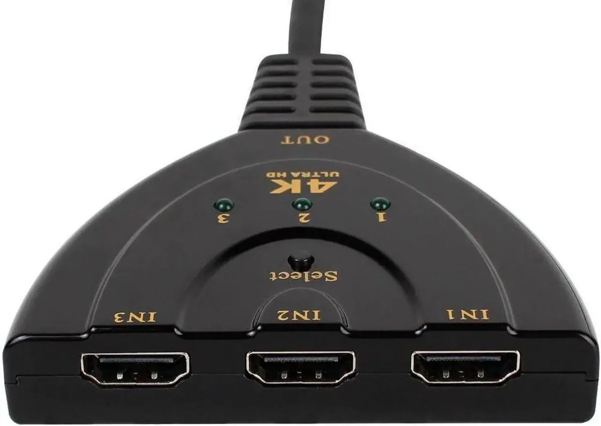 Small black plastic box with three HDMI ports and a select button